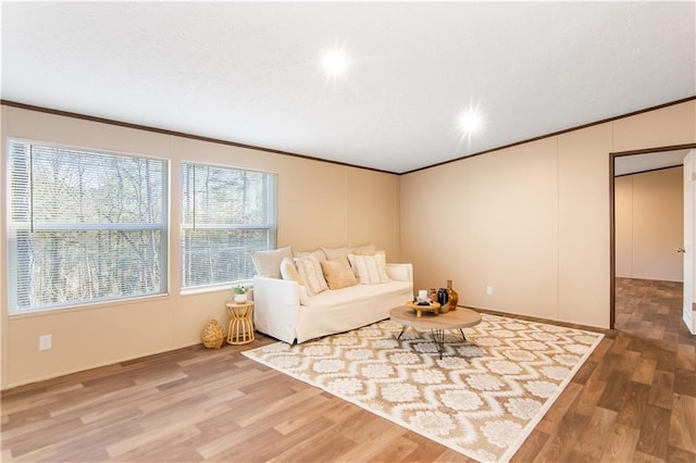 living room featuring ornamental molding and wood-type flooring