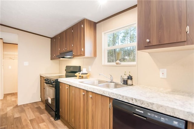 kitchen with ornamental molding, sink, light wood-type flooring, and black appliances