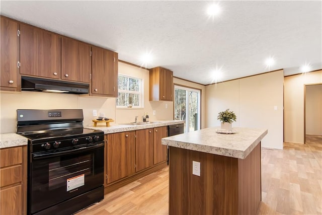 kitchen with a kitchen island, sink, electric range, and light hardwood / wood-style flooring