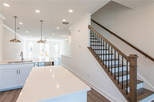 kitchen with white cabinetry, sink, pendant lighting, and dark hardwood / wood-style floors