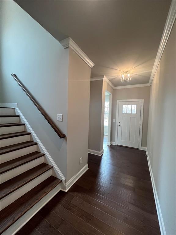 entrance foyer with crown molding and dark hardwood / wood-style floors