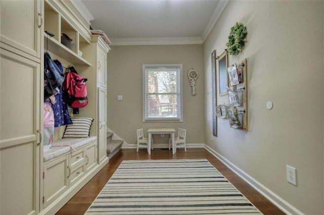 mudroom featuring dark wood-type flooring, ornamental molding, and baseboards