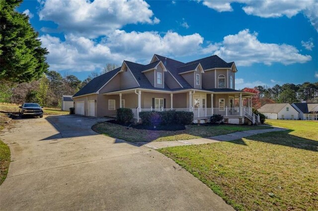 view of front facade featuring a front yard, covered porch, a garage, and concrete driveway