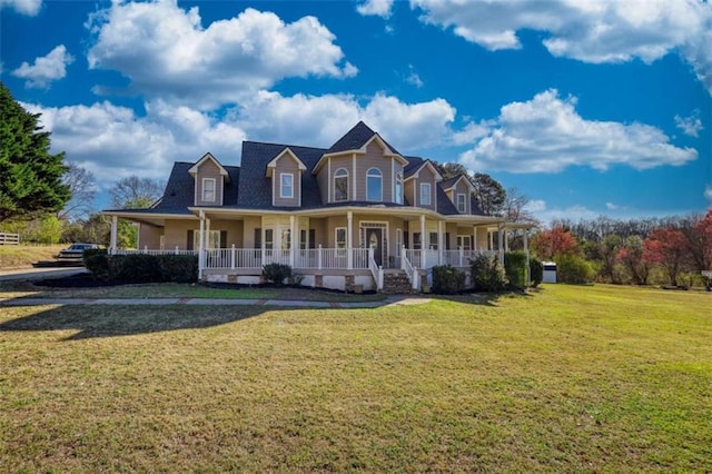 view of front of property featuring covered porch and a front yard