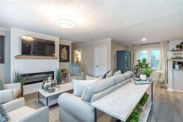 living room with light hardwood / wood-style floors, a textured ceiling, and ornamental molding