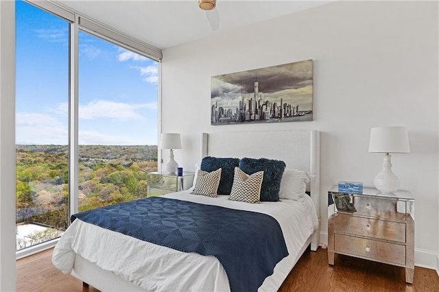 bedroom with baseboards, floor to ceiling windows, and wood finished floors