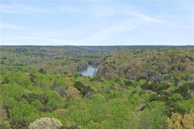 drone / aerial view with a water view and a wooded view