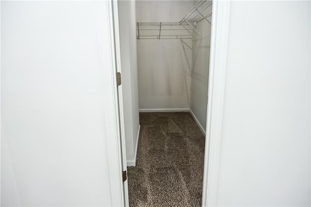 walk in closet featuring dark carpet