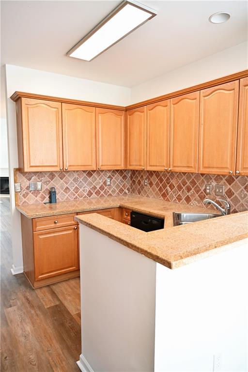 kitchen with stainless steel appliances, dark wood-type flooring, and backsplash