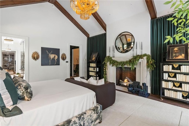 bedroom featuring an inviting chandelier, a fireplace, high vaulted ceiling, and beam ceiling