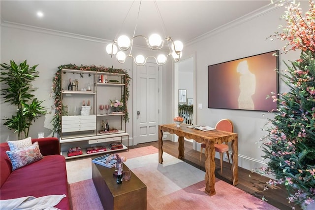 home office featuring a notable chandelier, crown molding, and wood-type flooring