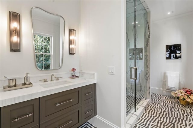 bathroom featuring vanity and walk in shower