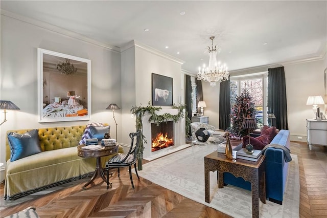 living room with crown molding, parquet floors, and an inviting chandelier