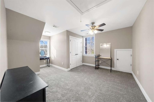 bonus room with plenty of natural light and light colored carpet