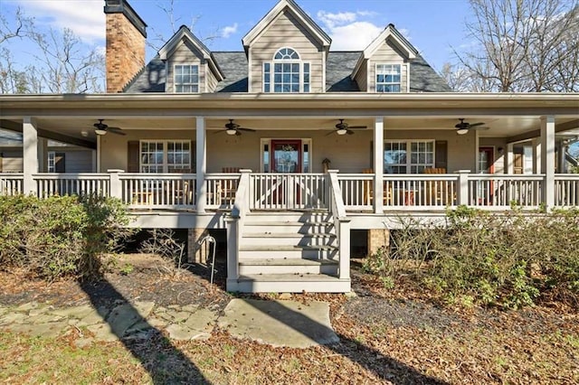 view of front of property with covered porch and ceiling fan