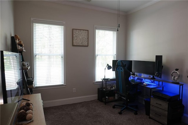 office area with crown molding and carpet