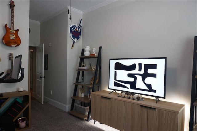 carpeted bedroom featuring crown molding