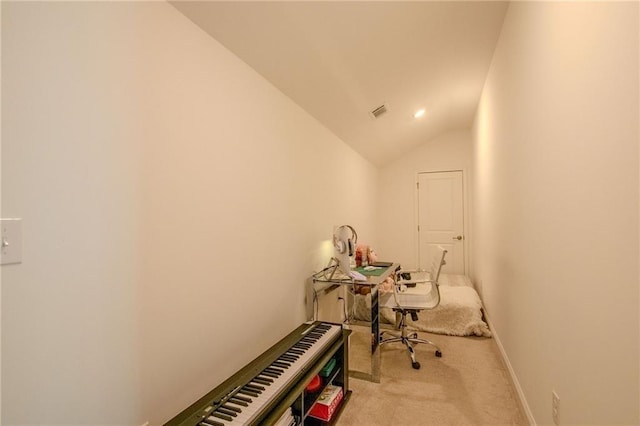 office with light carpet, baseboards, visible vents, vaulted ceiling, and recessed lighting