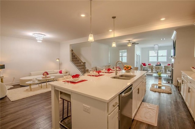 kitchen with open floor plan, dark wood-type flooring, a sink, and dishwasher