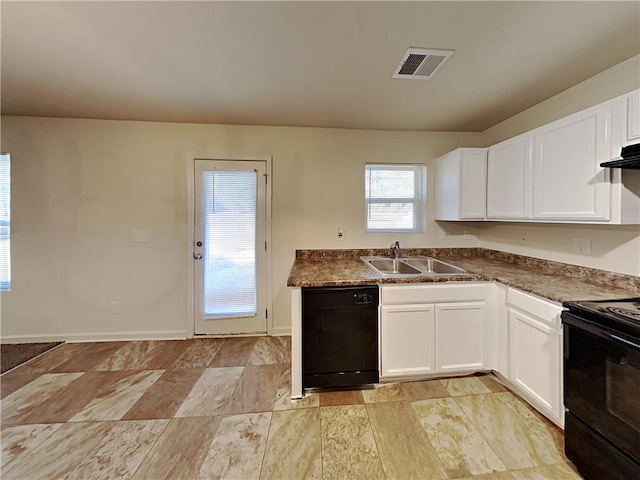 kitchen with white cabinetry, extractor fan, black appliances, and sink