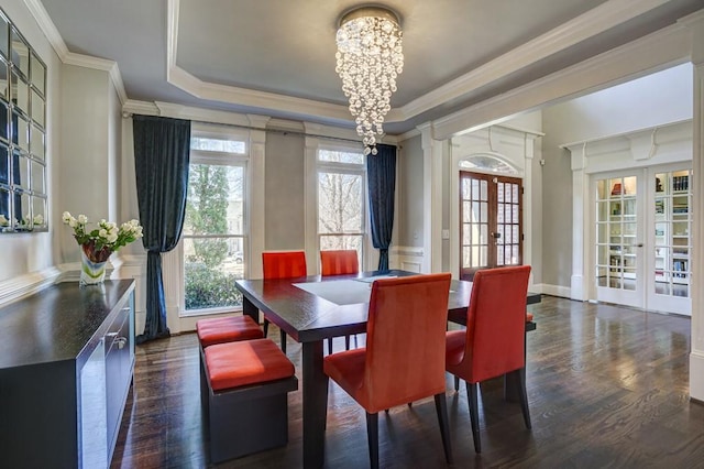 dining area with dark wood finished floors, a tray ceiling, french doors, and ornamental molding