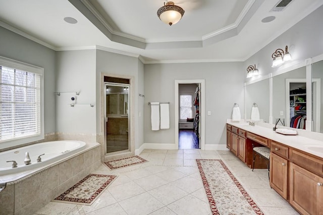 full bath featuring tile patterned flooring, a raised ceiling, double vanity, and visible vents