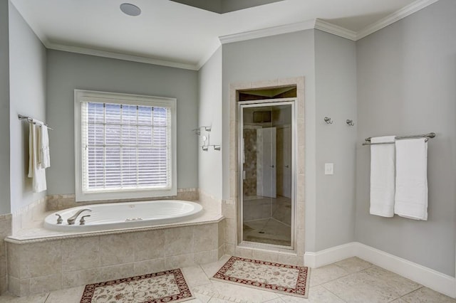 full bathroom with tile patterned flooring, a garden tub, and ornamental molding