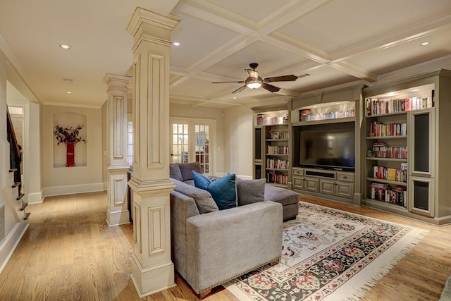 living room featuring light wood-style flooring, decorative columns, beamed ceiling, and coffered ceiling