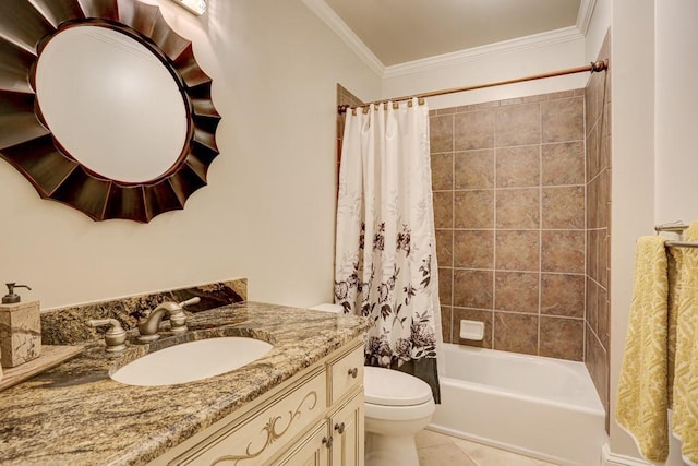 bathroom featuring tile patterned flooring, shower / bath combo with shower curtain, toilet, ornamental molding, and vanity