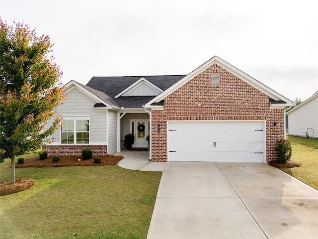 traditional home featuring brick siding, an attached garage, driveway, and a front yard