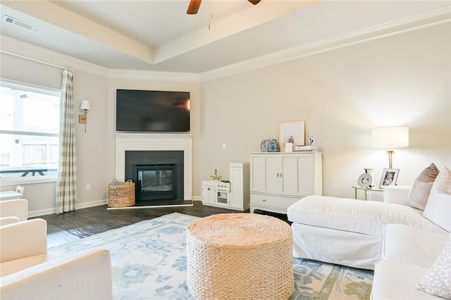 living area featuring ceiling fan, wood finished floors, a raised ceiling, a glass covered fireplace, and baseboards