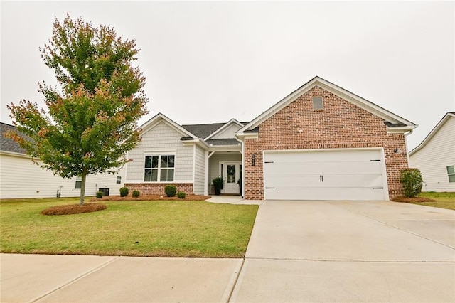 view of front facade with brick siding, an attached garage, a front lawn, and concrete driveway