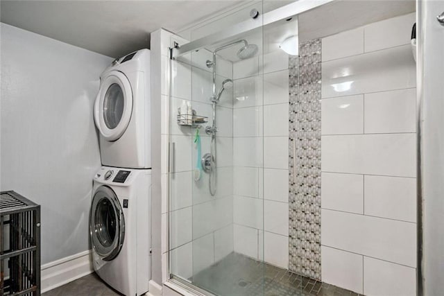 3048 Briarcliff Rd NE Unit 9, Atlanta, GA 30329 - bathroom featuring stacked washer / dryer and a shower stall
