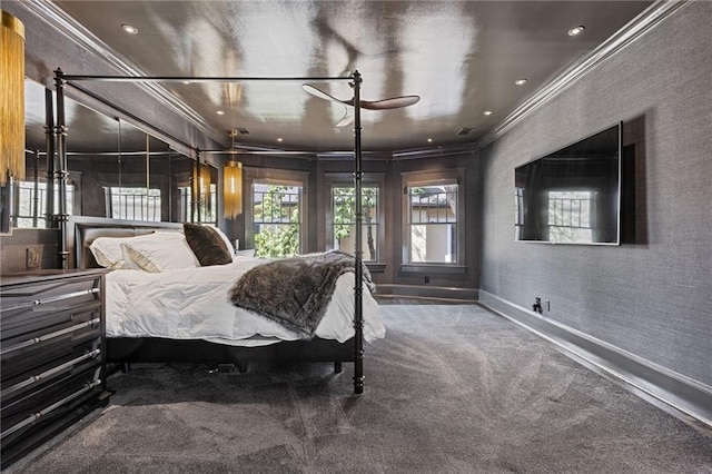 bedroom with recessed lighting, baseboards, carpet floors, and crown molding