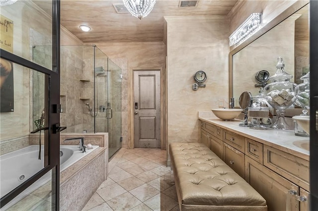 538 Sarabrook Pl NE, Sandy Springs, GA 30342 - bathroom featuring a tub with jets, double vanity, a stall shower, and crown molding