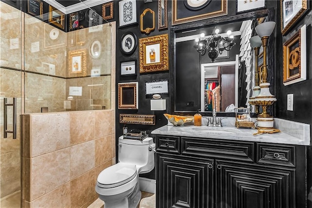 538 Sarabrook Pl NE, Sandy Springs, GA 30342 - full bathroom featuring toilet, vanity, a tile shower, a chandelier, and ornamental molding