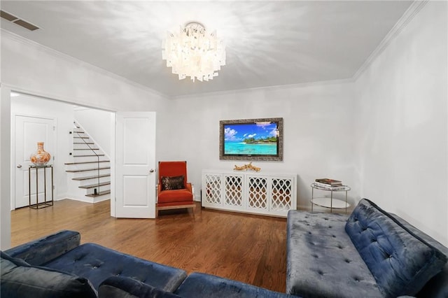 538 Sarabrook Pl NE, Sandy Springs, GA 30342 - living room with stairs, ornamental molding, wood finished floors, a chandelier, and baseboards