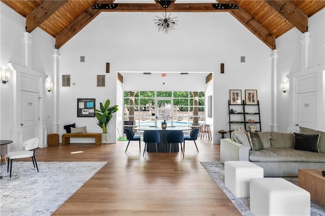 538 Sarabrook Pl NE, Sandy Springs, GA 30342 - living area featuring high vaulted ceiling, wood ceiling with exposed beams, and wood finished floors