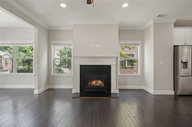 1463 Edgebrook Ct NE Unit 14, Atlanta, GA 30329 - unfurnished living room featuring dark wood-style floors, a glass covered fireplace, baseboards, recessed lighting, and crown molding