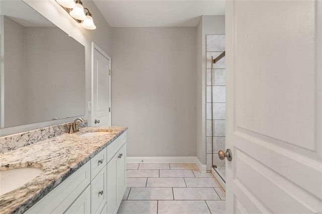 1463 Edgebrook Ct NE Unit 14, Atlanta, GA 30329 - bathroom featuring double vanity, a stall shower, baseboards, and tile patterned floors