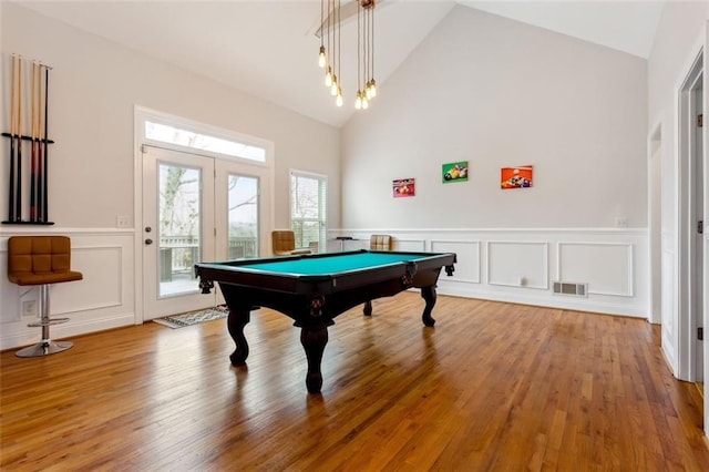 2600 Ramsey Rd, Gainesville, GA 30501 - recreation room with pool table, wood-type flooring, and high vaulted ceiling