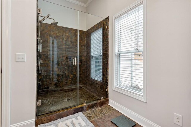 2600 Ramsey Rd, Gainesville, GA 30501 - bathroom with a shower with shower door and ornamental molding