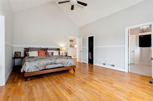2600 Ramsey Rd, Gainesville, GA 30501 - bedroom with hardwood / wood-style floors, high vaulted ceiling, and ceiling fan
