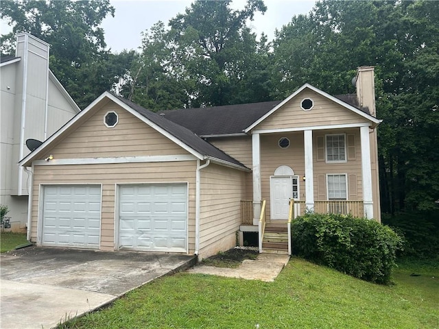4963 Windsor Downs Ln, Decatur, GA 30035 - view of front facade with a chimney, a garage, driveway, and a front yard
