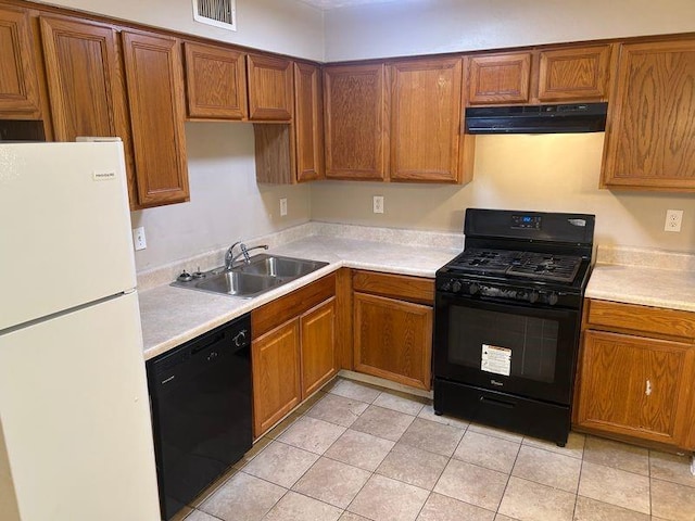 4963 Windsor Downs Ln, Decatur, GA 30035 - kitchen featuring black appliances, exhaust hood, a sink, brown cabinets, and light countertops