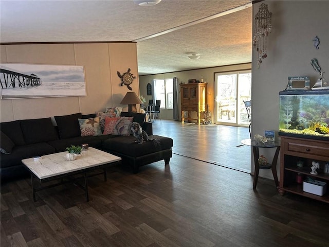 living room featuring dark hardwood / wood-style floors, a textured ceiling, and ornamental molding