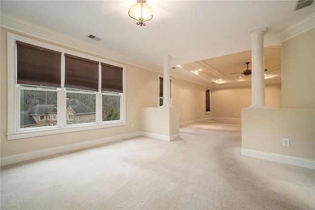 basement featuring crown molding and light carpet