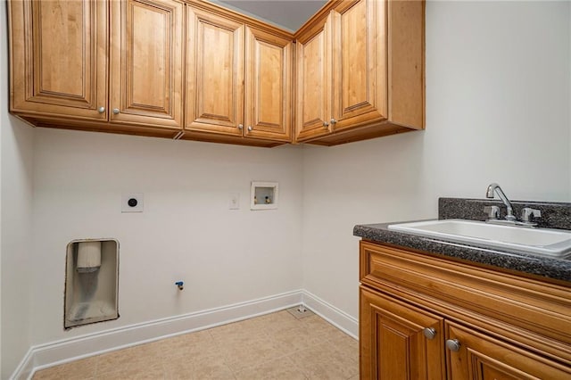 washroom featuring sink, cabinets, hookup for a gas dryer, washer hookup, and electric dryer hookup