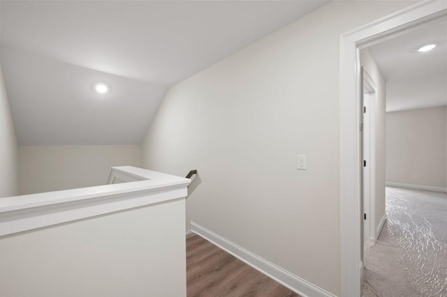 150 Doris Path, Dallas, GA 30157 - corridor featuring an upstairs landing, lofted ceiling, baseboards, wood finished floors, and recessed lighting