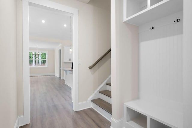 150 Doris Path, Dallas, GA 30157 - mudroom featuring light wood finished floors, baseboards, a chandelier, and recessed lighting